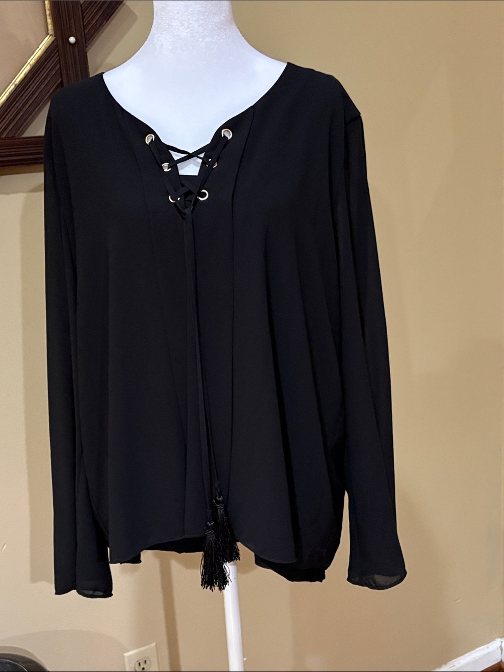 Peck & Peck Black layered Lace-Up Long Sleeve Women's Top